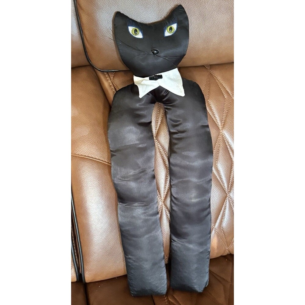 VTG Neck Pillow Black Cat Shape With White Tie And Green Eyes 23” Cat Plush